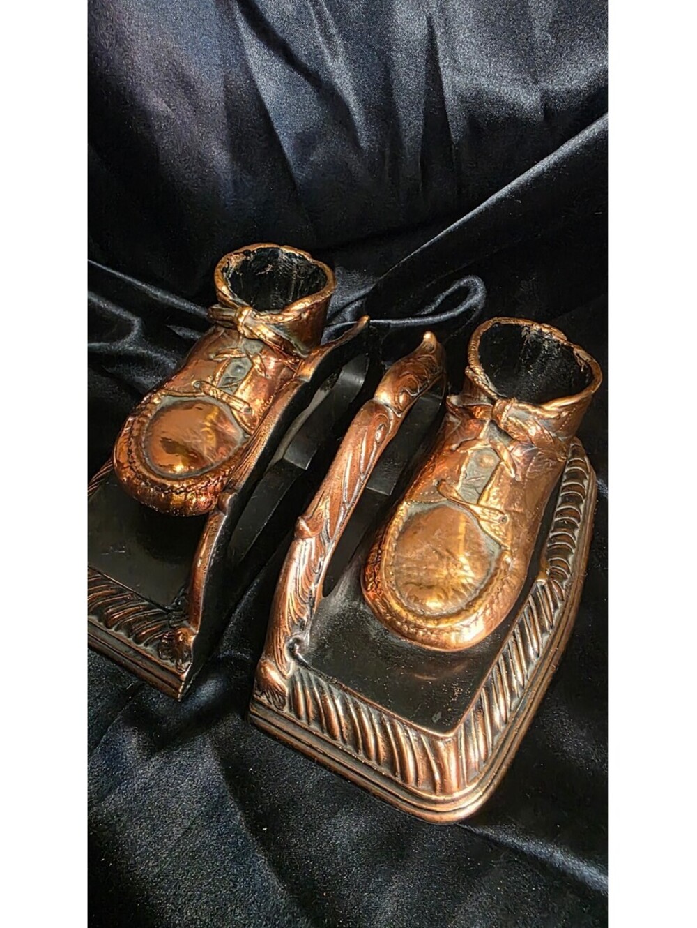 Vintage Bronzed Baby Shoe Bookends Copper Finish Nursery Keepsake Pair Decor